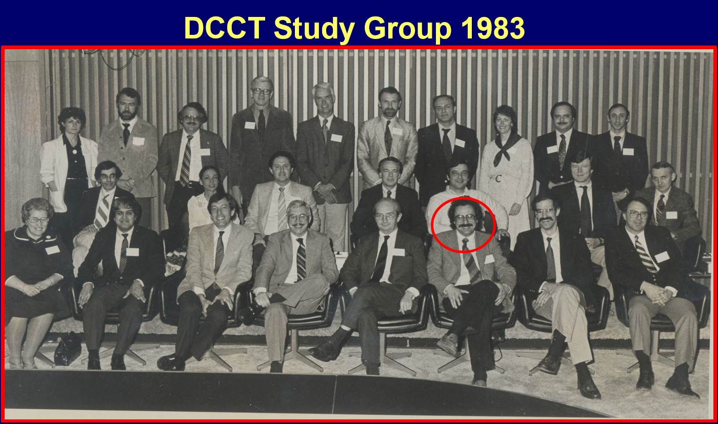 Group of the DCCT study are sat, and Dr. Zinman is circled with a red circle.